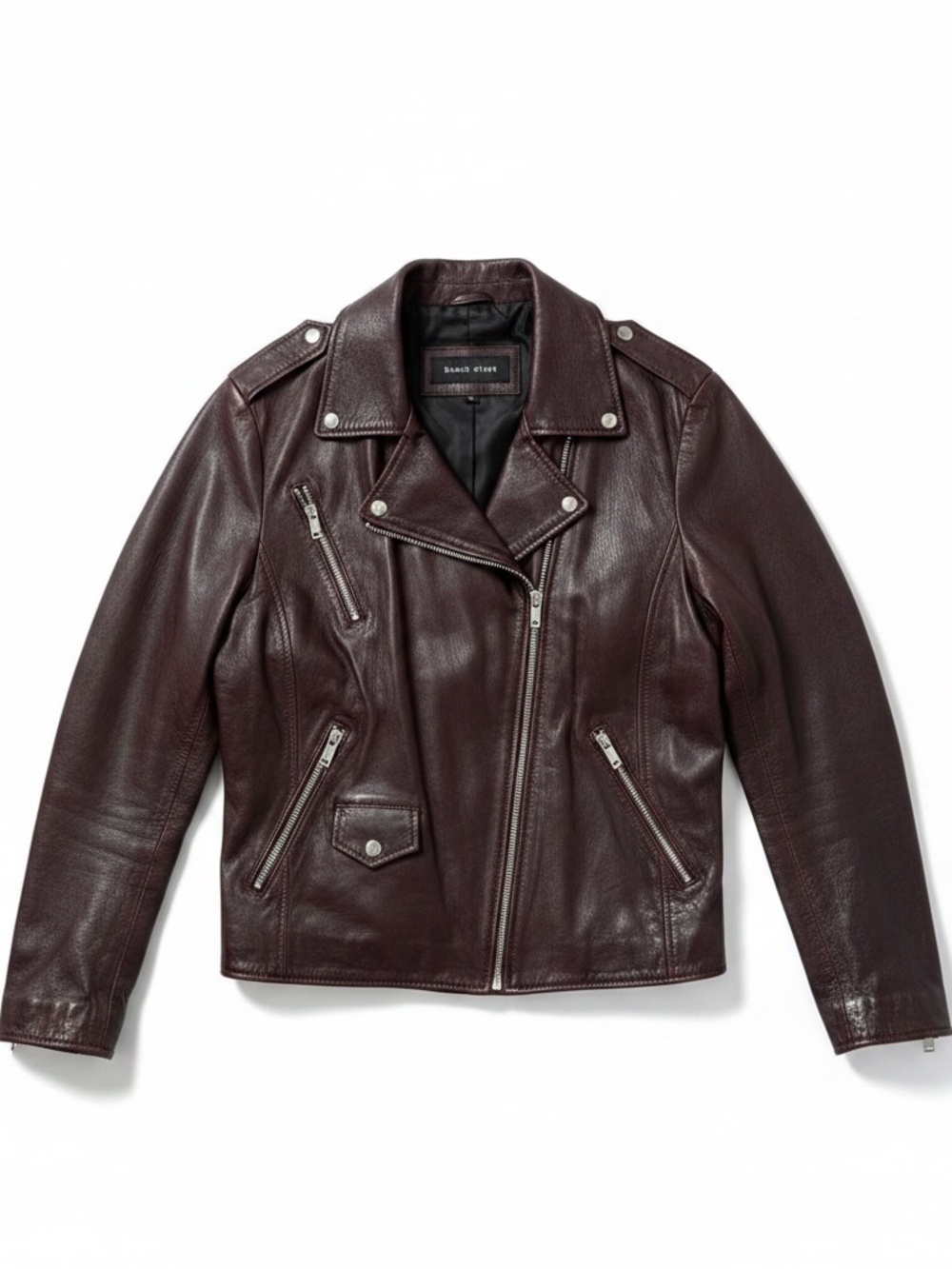 Black Rivet Leather Motorcycl Jacket Burgundy Brown Large Asymmetrical Zip Biker